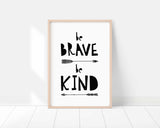 Boys' room decor: Black and white print with 'Be Brave Be Kind' message, Arrow-surrounded 'Be Brave Be Kind' art for boys' nursery