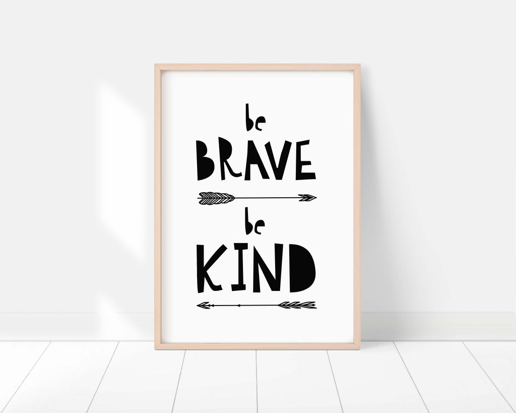 Boys' room decor: Black and white print with 'Be Brave Be Kind' message, Arrow-surrounded 'Be Brave Be Kind' art for boys' nursery