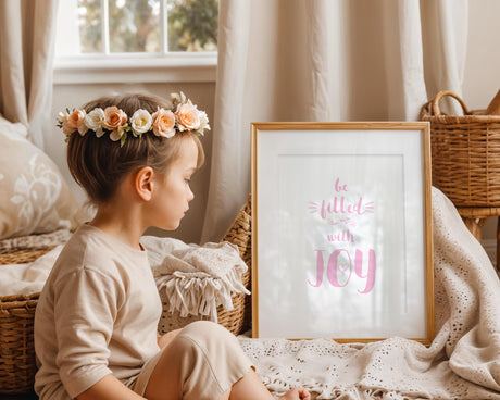 Faith-based baby girl print featuring soft pink lettering and a joyful Scripture from Romans 15:13.