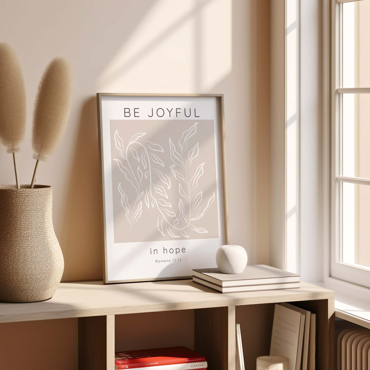 Elegant Romans 12:12 wall art featuring beige and white tones with uplifting scripture and modern design.
