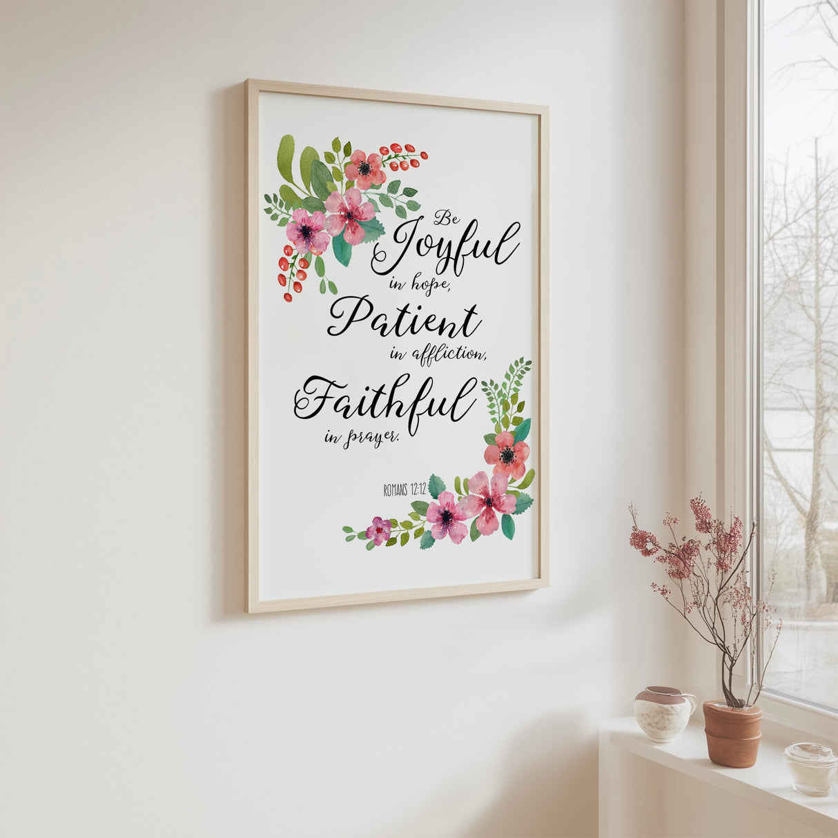 Inspirational Christian print with botanical details and Romans 12:12 Scripture for home or prayer space.