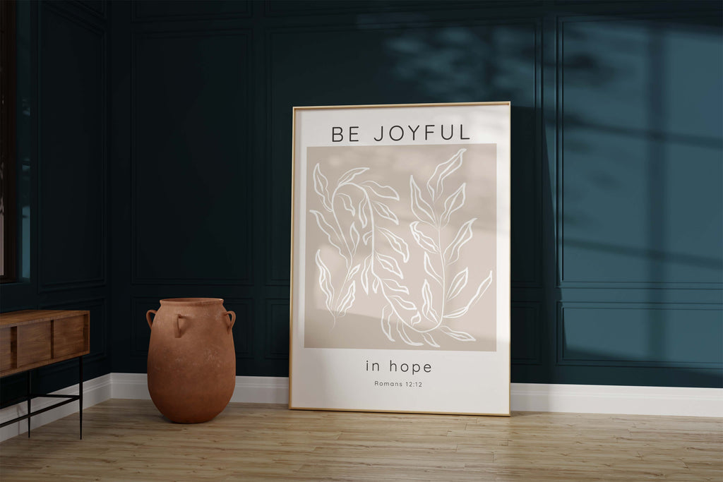 Neutral Toned 'Be Joyful in Hope' Scripture Print, Beige and White Leafy Motif Bible Verse Wall Decor, 'Be Joyful in Hope' Quote Print