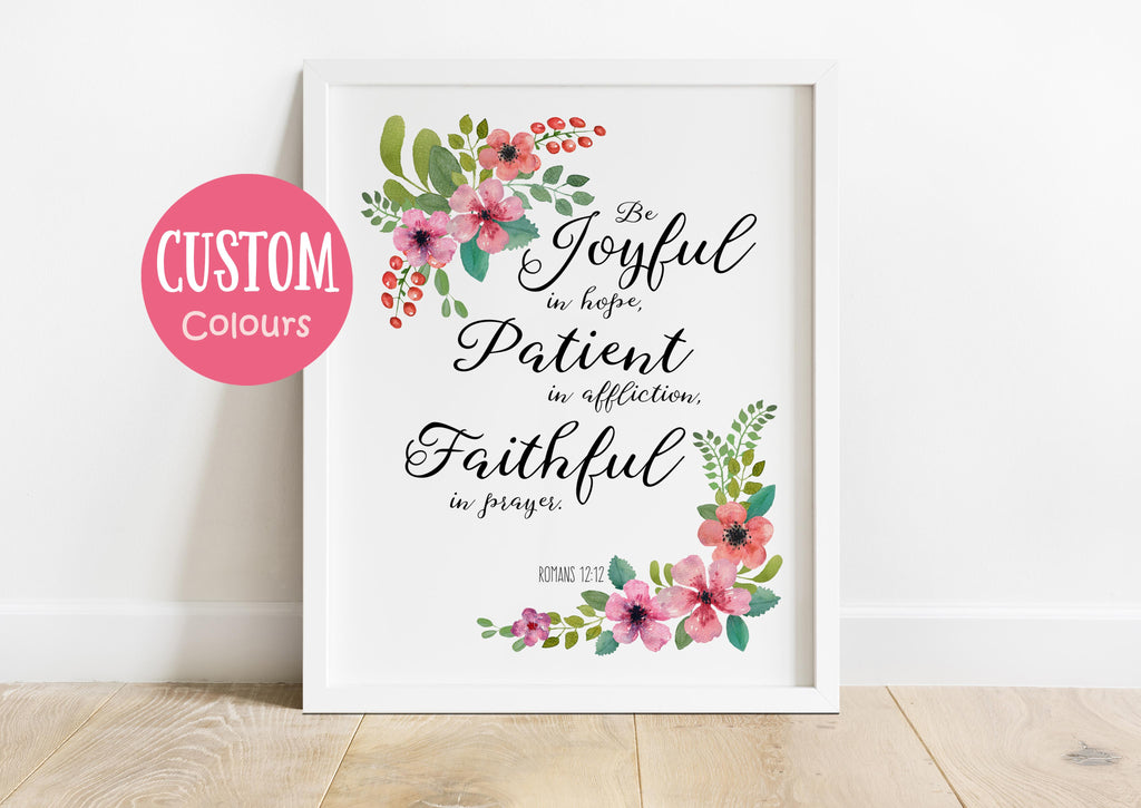 Patient in Affliction Floral Scripture Print, Faithful in Prayer Floral Bible Quote Poster, Elegant Floral Romans 12:12 Wall Art