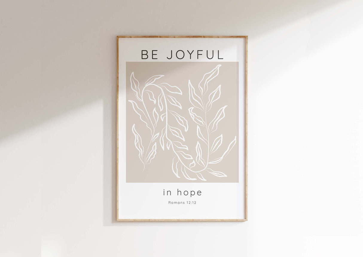 Be Joyful in Hope Neutral Tones Modern Christian Wall Art, Romans 12, Beige and White Bible Verse Print with Romans 12:12 Quote