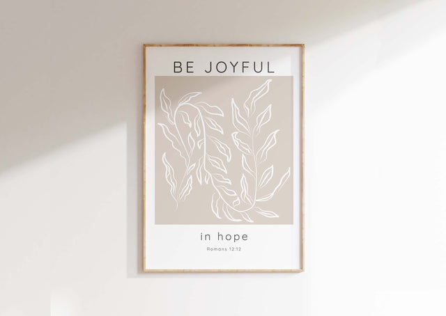 Be Joyful in Hope Neutral Tones Modern Christian Wall Art, Romans 12, Beige and White Bible Verse Print with Romans 12:12 Quote