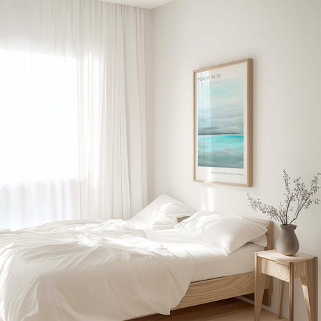 Tranquil ocean-themed Bible verse print featuring Psalm 46 10 for peaceful home inspiration.