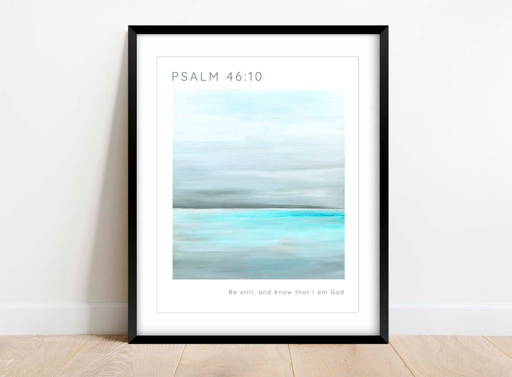 Psalm 46:10 Aqua Sea Scene Scripture Print, Bible Quote Print with Tranquil Turquoise Ocean Psalm 46:10, be still christian art