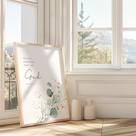 Elegant Bible verse artwork with calming botanical motif and faith-filled reminder. Inspirational Christian decor with “Be Still” verse and minimal watercolour foliage.