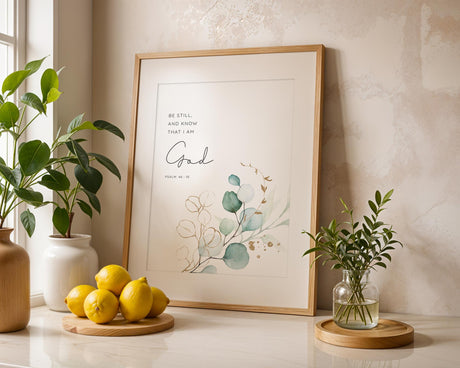 Watercolour Bible verse print with “Be Still and Know That I Am God” and botanical leaves.