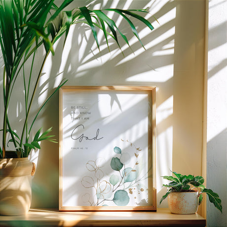 Tranquil Christian wall art featuring Psalm 46:10 and soft greenery design.