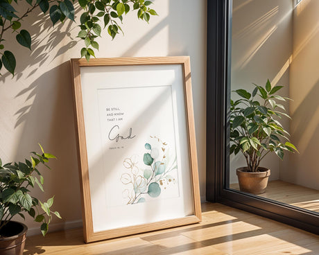 Neutral scripture print with peaceful message from Psalm 46:10 and delicate plants.