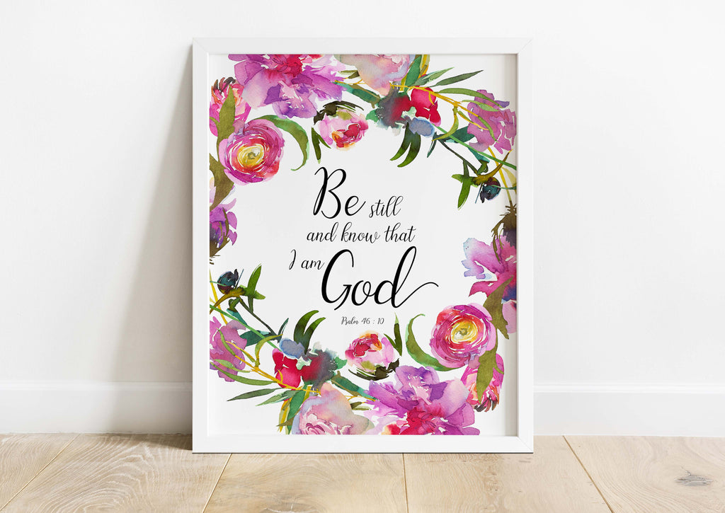 Floral pink and red watercolor art with Psalm 46:10, Elegant watercolor print with Bible verse Psalm 46:10, Be Still Print