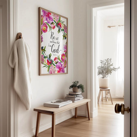 Psalm 46 10 Christian print with pink and red floral watercolour design. Bible verse wall art print featuring Psalm 46 10 in pink and red florals.