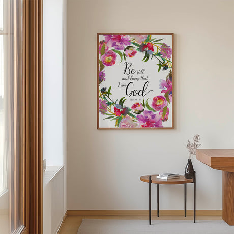 Floral Christian wall art print with Psalm 46 10 in watercolour design.