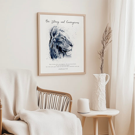 Black and white lion watercolour print with Joshua 1:9 verse about courage and faith.