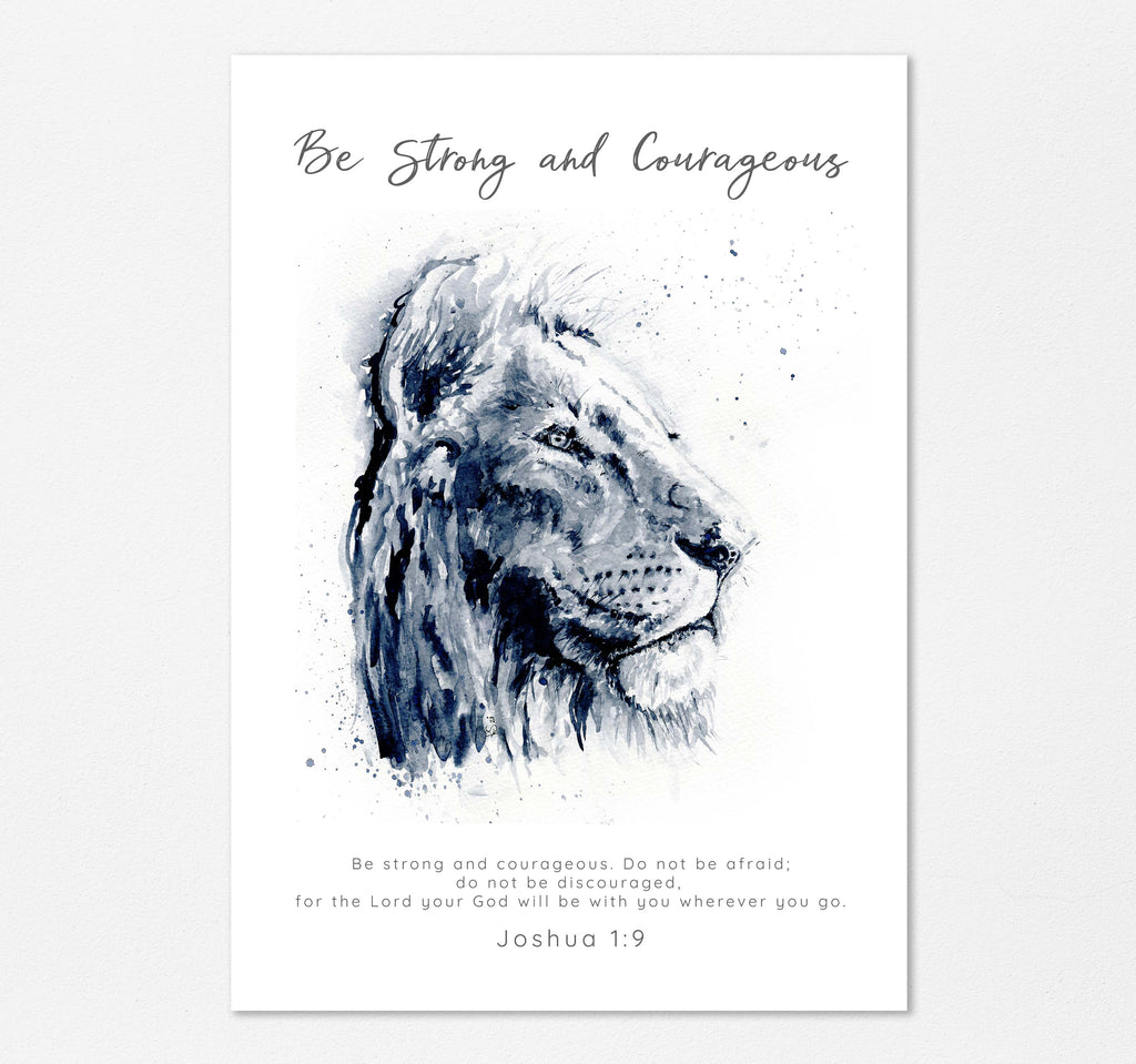 Lion watercolor artwork with Bible verse for modern Christian shops, Unique christian home decor with Be Strong and Courageous theme