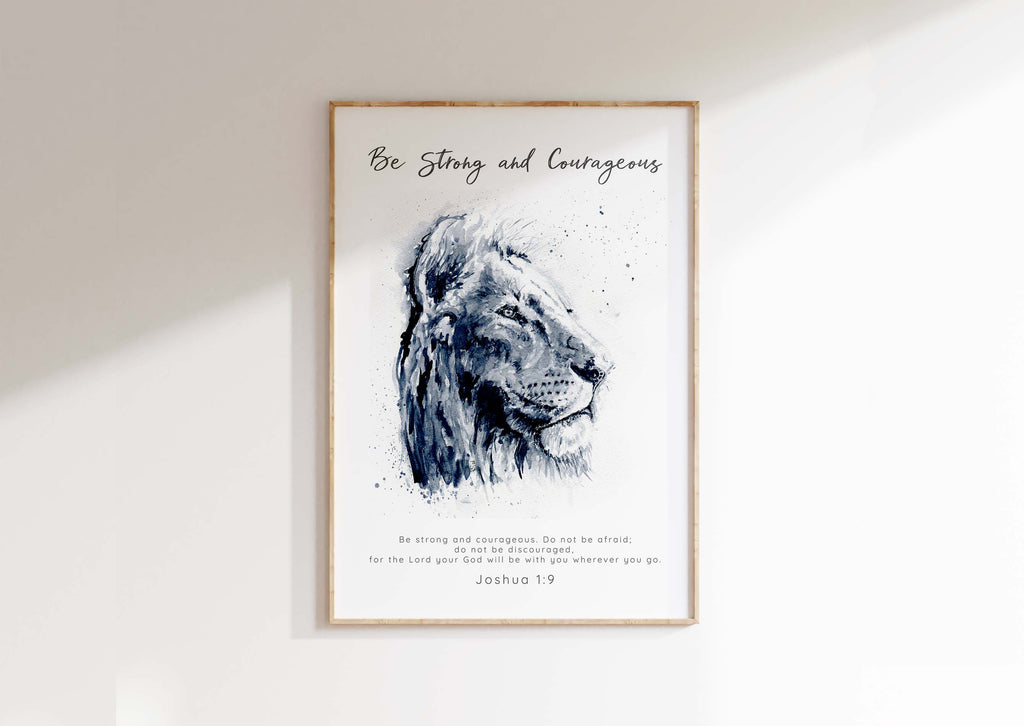 Joshua 1 9 Print Bible Verses About Courage Be Strong and Courageous, Lion watercolour art with Joshua 1:9 verse, Modern Scripture Art