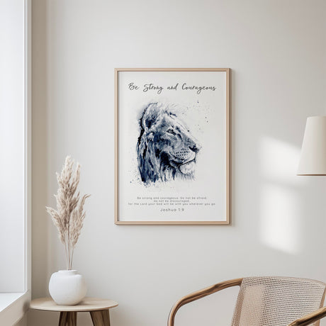 Joshua 1:9 lion wall art print in monochrome style for strength and spiritual encouragement.
