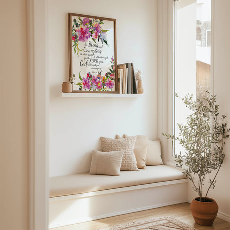 Spring fresh floral Joshua 1:9 Bible verse print with uplifting message of courage and faith.