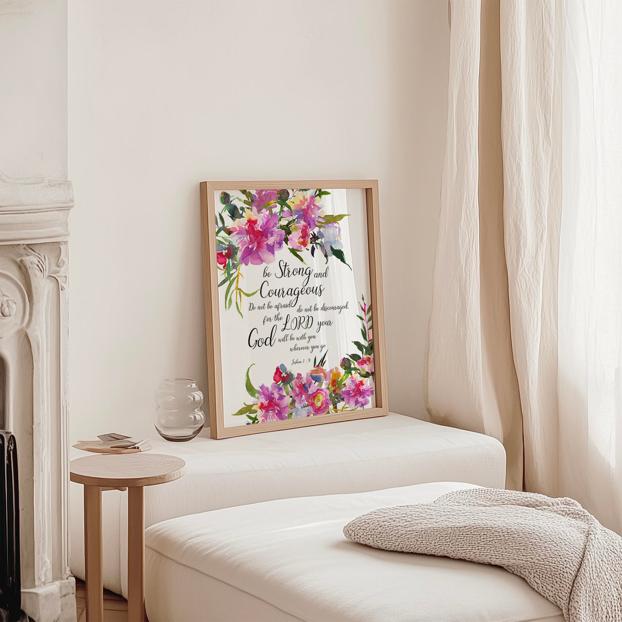 Encouraging scripture print with pink floral motif, featuring Joshua 1:9 for Christian home decor.