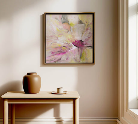 ‘Becoming’ – Abstract floral print in pink and green tones with soft flowing brushstrokes.