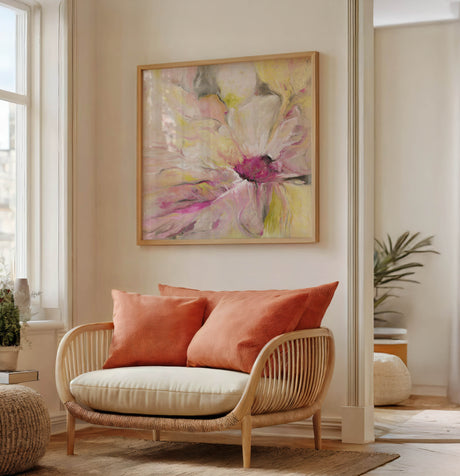 ‘Becoming’ – Modern oil painting print featuring pink, white, green and grey hues.