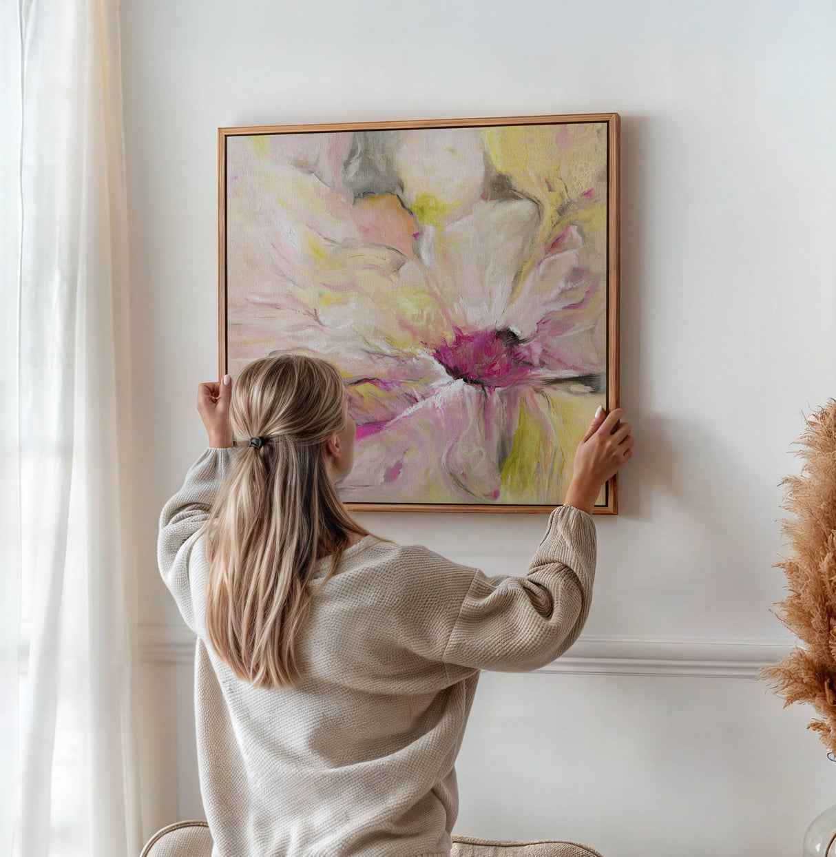 ‘Becoming’ – Soft pink abstract artwork perfect for contemporary interiors.