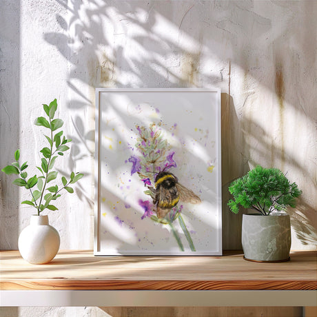 Loose style illustration of a bumblebee balancing on lavender, painted in watercolour and ink.