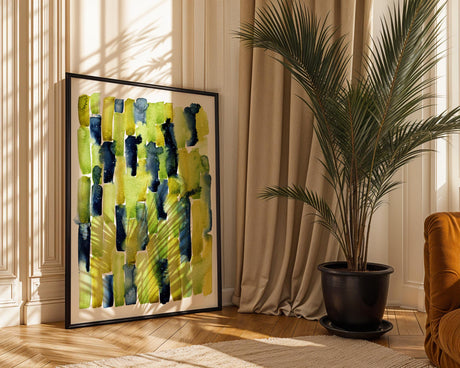 Stripe-style abstract artwork in spring greens and yellows. Modern watercolour art inspired by sunlight filtering through trees.