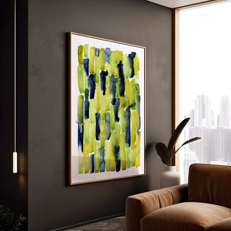 Abstract green, yellow and indigo watercolour print inspired by spring trees and sunlight.