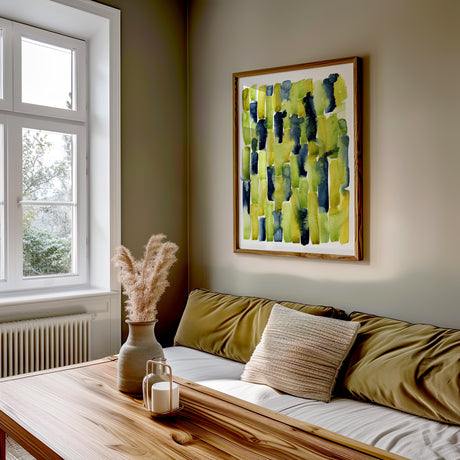 Vertical stripe watercolour artwork in green and yellow tones with nature theme.