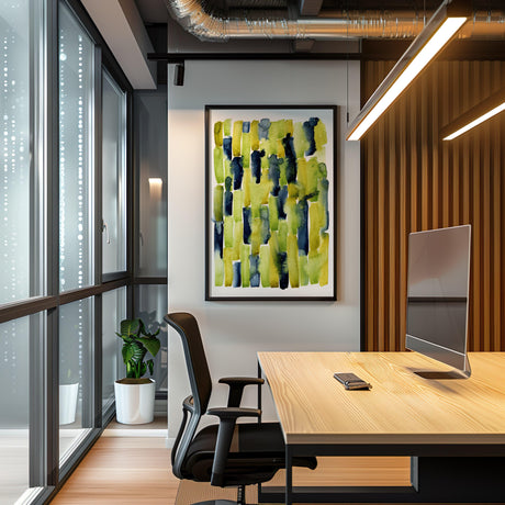 Vertical abstract watercolour art in fresh green, indigo and golden yellow.