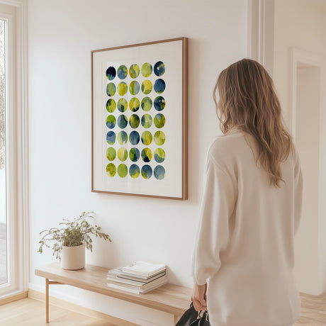 Contemporary circles art print in sap green, lemon yellow, and indigo.