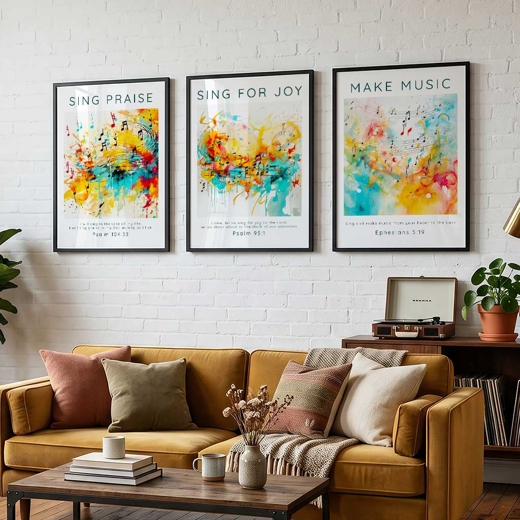 Set of 3 Christian music-themed Bible verse prints featuring Ephesians 5:19, Psalm 95:1, and Psalm 104:33 with vibrant abstract motifs.