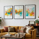 Set of 3 Christian music-themed Bible verse prints featuring Ephesians 5:19, Psalm 95:1, and Psalm 104:33 with vibrant abstract motifs.