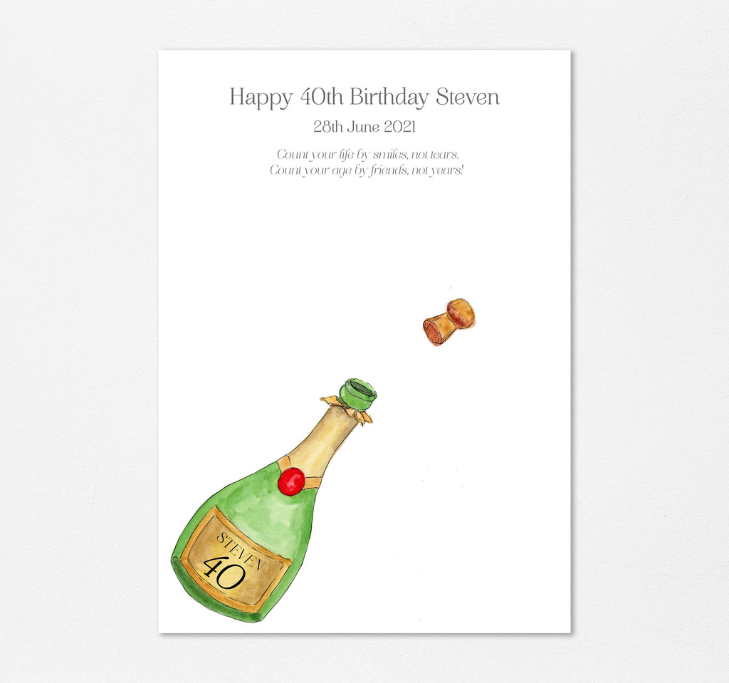 Special 40th birthday keepsake: Champagne bottle print with fingerprint bubbles, Personalized print for 40th birthday celebration