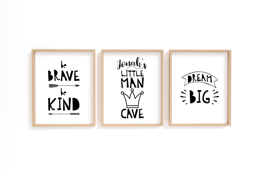Personalized black and white boys print set, Customizable little man cave print for boys. Be brave be kind wall art for boys