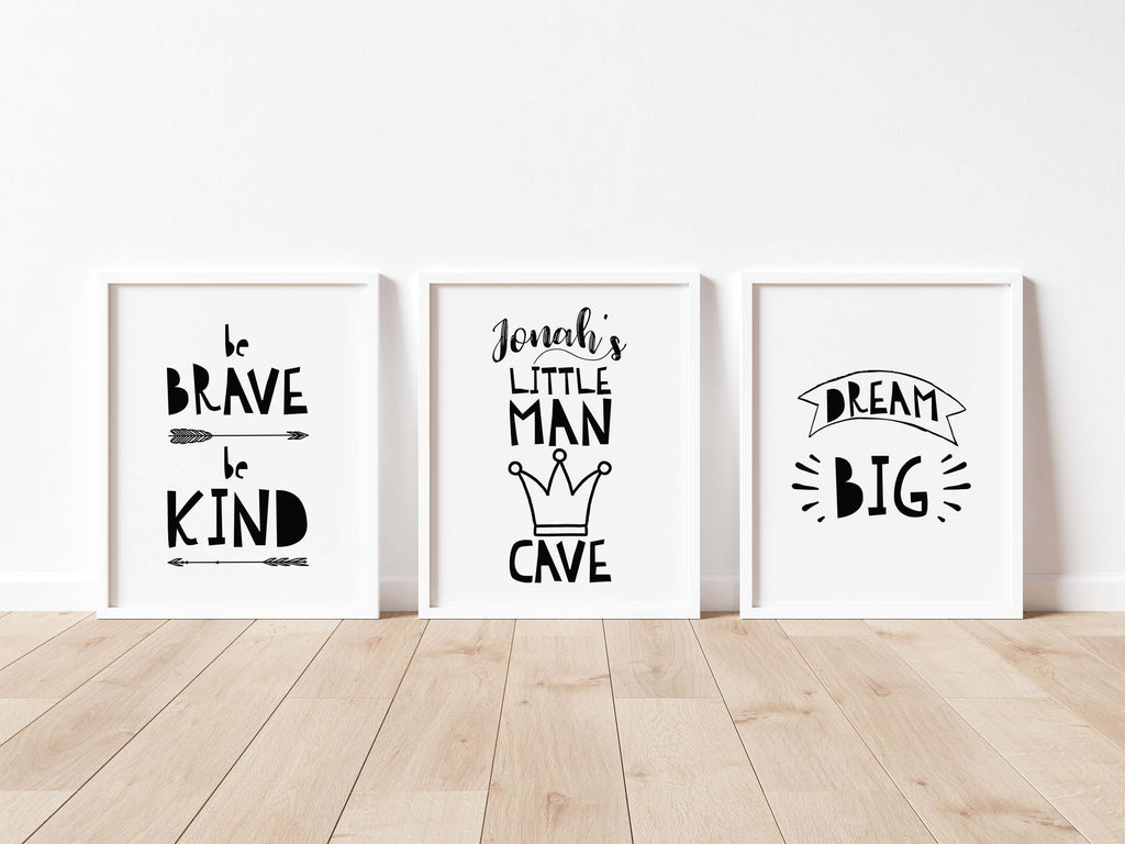 Personalized name print for little man cave, Black and white boys room art set, Motivational prints for boys' bedroom decor