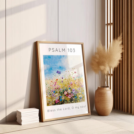Soft watercolour wildflower meadow surrounds the scripture “Bless the Lord, O My Soul” from Psalm 103 in this calming Christian print.