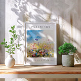 Modern Christian wall art print featuring “Bless the Lord, O My Soul” and a hand-painted floral meadow in gentle, soothing tones.