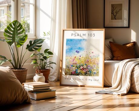 Bible verse wall art print with “Bless the Lord, O My Soul” from Psalm 103, set against a tranquil wildflower meadow in soft hues.
