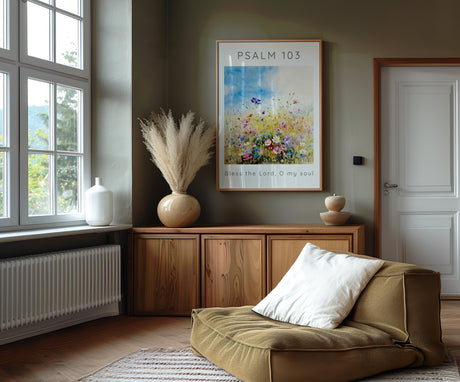 Christian floral print featuring delicate wildflowers and the uplifting scripture “Bless the Lord, O My Soul” – a serene blend of faith and nature.