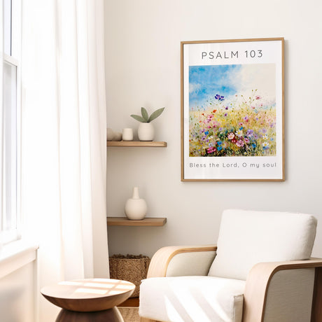 Contemporary Christian art with a peaceful flower meadow and Psalm 103 quote, perfect for adding spiritual beauty to your home décor.