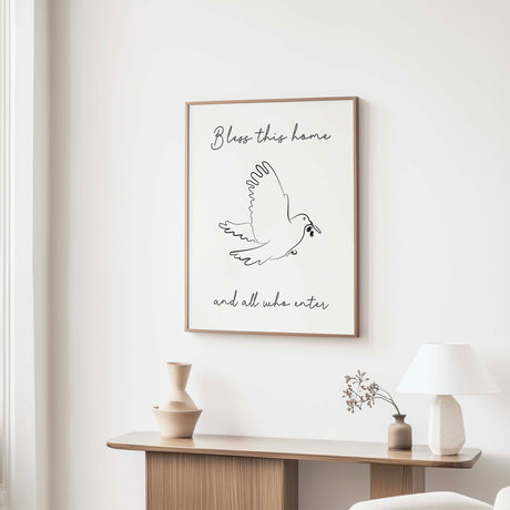 Minimalist Christian home decor with peaceful dove artwork and heartfelt home blessing scripture.