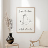 Christian wall art print with dove and olive branch line drawing and the words “Bless this home and all who enter it.”