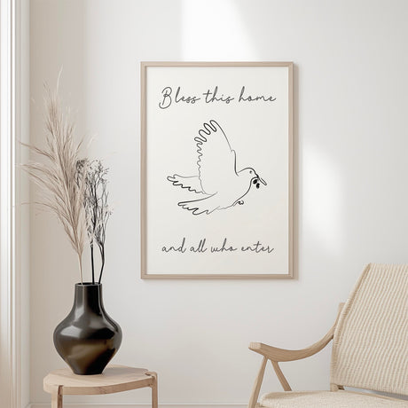 Christian wall art print with dove and olive branch line drawing and the words “Bless this home and all who enter it.”