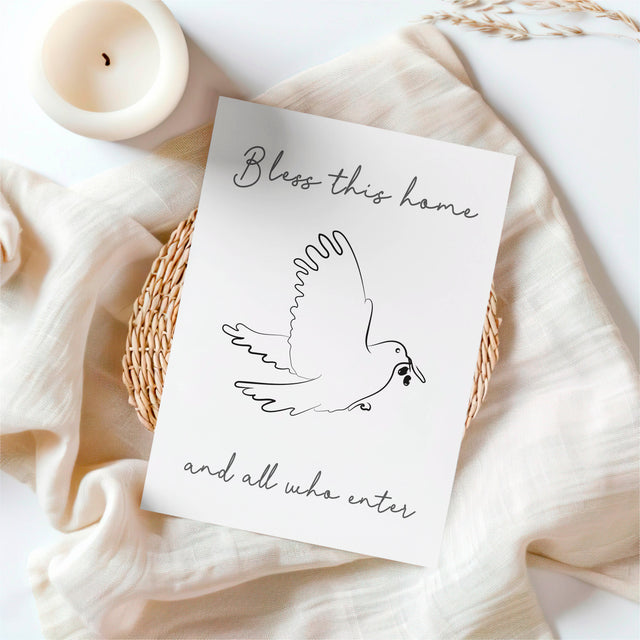 Bless This Home – A5 Christian wall art print with dove and olive branch, faith inspired home decor for hallway or shelf.