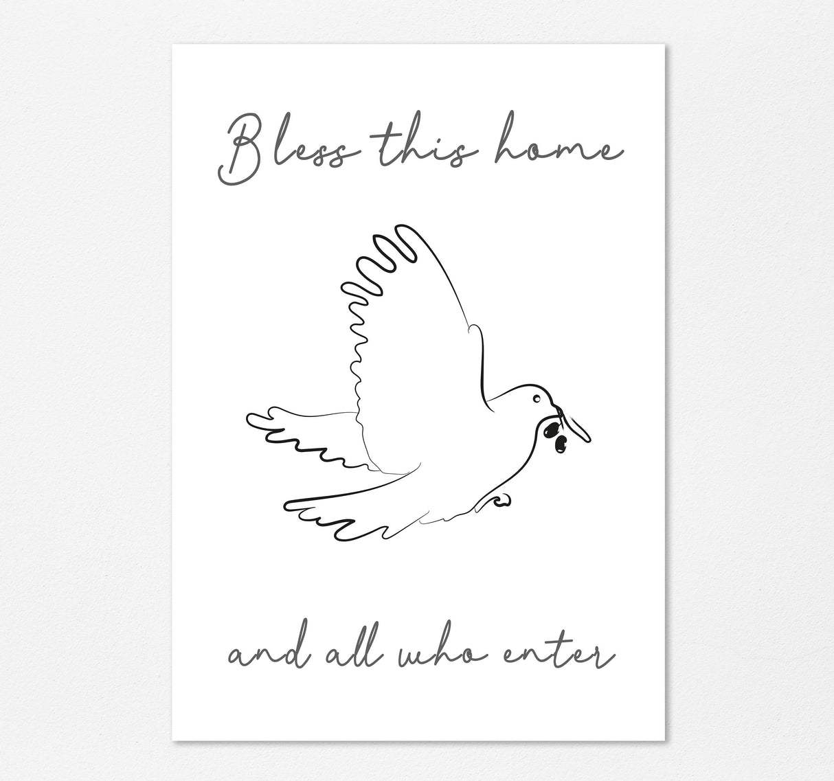 Bless This Home – Small Christian wall art A5 print featuring dove line art, peaceful scripture inspired home decor.