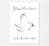 Bless This Home – Small Christian wall art A5 print featuring dove line art, peaceful scripture inspired home decor.