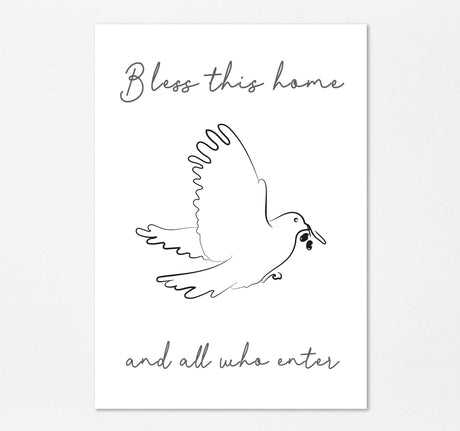 Bless This Home – Small Christian wall art A5 print featuring dove line art, peaceful scripture inspired home decor.